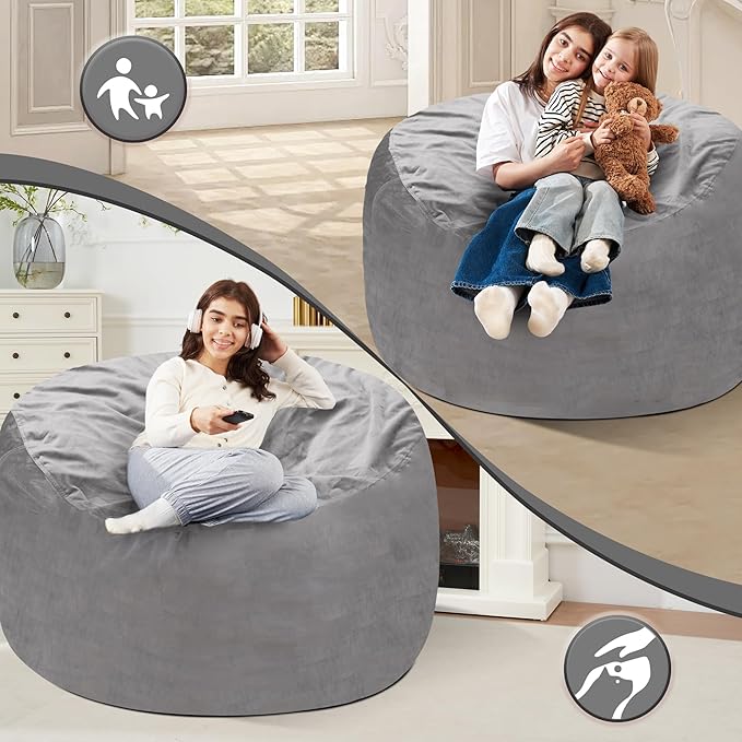 Homguava 4 FT Bean Bag Chair: 4' Bean Bags with Memory Foam Filled, Large Beanbag Chairs Soft Sofa with Dutch Velvet Cover-Light Grey
