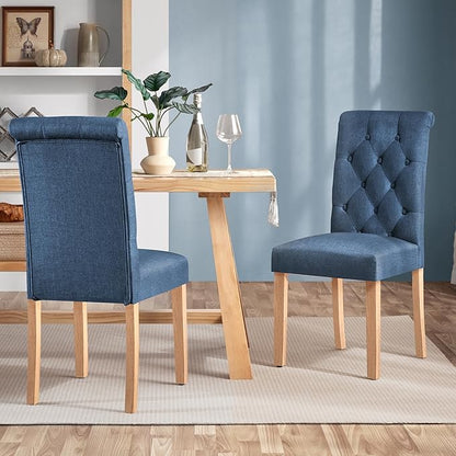 Yaheetech Dining Chairs Set of 2 Fabric Upholstered Dining Room Chairs with Button Tufted High Back and Solid Wood Legs for Kitchen/Living Room/Restaurant, Modern Style, Blue