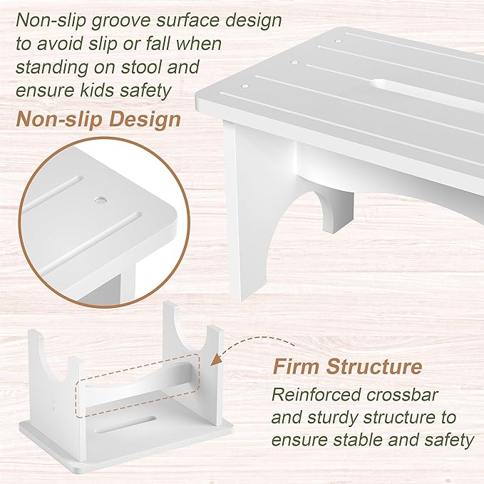 Wooden Step Stool for Adults, 9" Portable Wood Step Stool for Kids, Heavy Duty One Step Bedside Stool with 550 Lbs Load Capacity, Non-Slip White Foot Stool for Kitchen Bathroom Bedroom