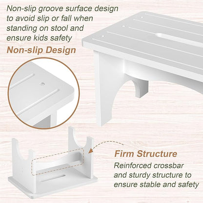 Wooden Step Stool for Adults, 9" Portable Wood Step Stool for Kids, Heavy Duty One Step Bedside Stool with 550 Lbs Load Capacity, Non-Slip White Foot Stool for Kitchen Bathroom Bedroom