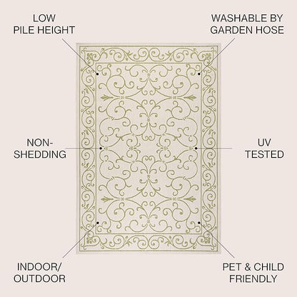 JONATHAN Y Vintage Filigree Indoor Outdoor Area Rug 5X8 Cream/Green, Charleston Textured Weave for Backyard, Patio, Porch, Easy-Cleaning, High Traffic, Pet-Friendly, Non-Shedding (SMB106I-5)