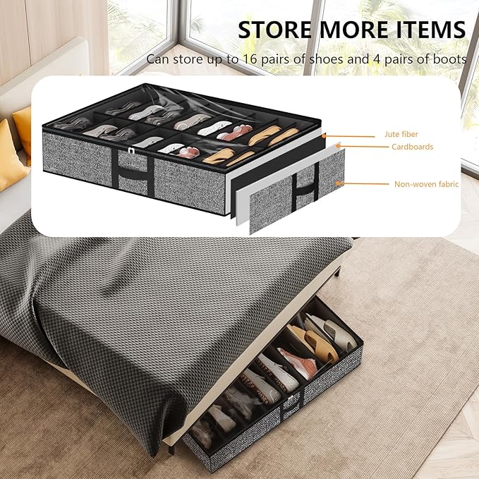 homyfort Under Bed Shoe Storage Organizer Fits 16 Pairs Shoes and 4 Pairs Boots, Underbed Shoe Storage Boxes Bins, Organizador De Zapatos, Extra Large Zapateras Organizer for closet, Black, Set of 2
