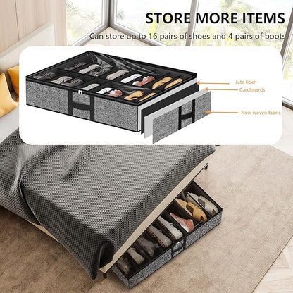 homyfort Under Bed Shoe Storage Organizer Fits 16 Pairs Shoes and 4 Pairs Boots, Underbed Shoe Storage Boxes Bins, Organizador De Zapatos, Extra Large Zapateras Organizer for closet, Black, Set of 2