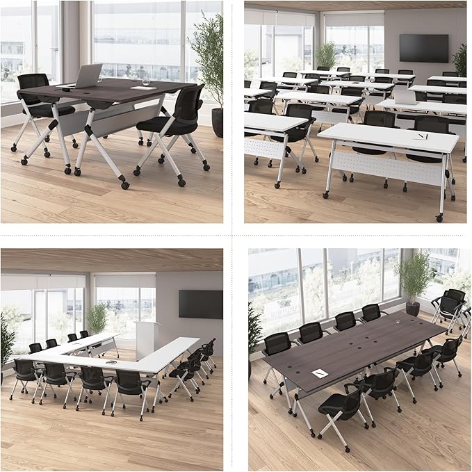 Bush Business Furniture Folding Training Table, 60 inch Desk with Powered Grommets, Commercial-Grade Bundle for Office or Classroom, Envision Collection, White