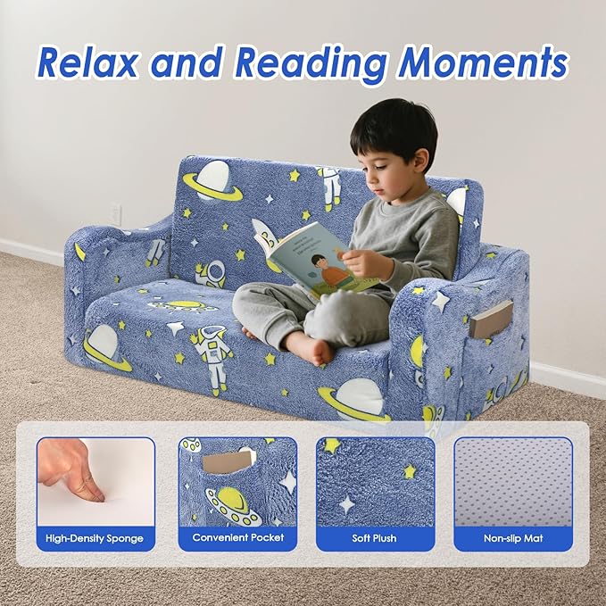 Kids Couch Extra Large,Glow in The Dark 2-in-1 Folding Kids Sofa Bed for Boys,2 Seats Convertible Sleeper Lounger Toddler Couch for Children Bedroom Playroom Nursery,Astronaut