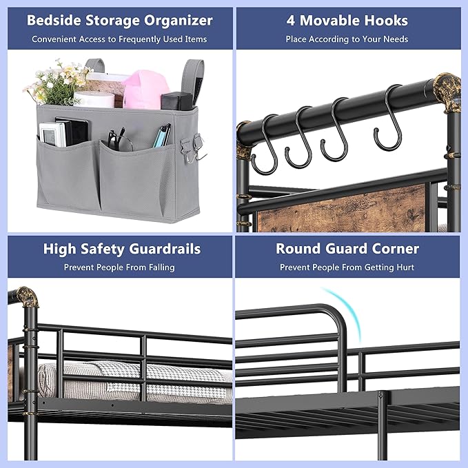 Metal Bunk Bed Twin Over Full, Industrial Bunkbeds Heavy Duty Bed with Safety Guard Rails and Space-Saving Design, Steel Bed for School, Bedroom (Vintage Brown)