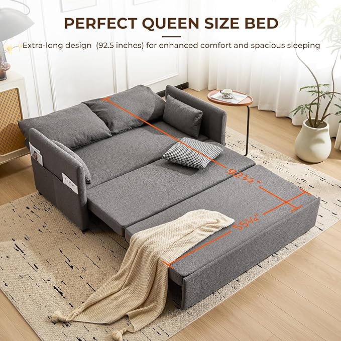 Furnimart 62" Queen Size Pull Out Sofa Bed, 3 in 1 Convertible Sleeper Bed with 6-Position Adjustable Backrest & Side Pockets, Modern Linen Loveseat Futon Couch for Living Room, Apartment, Dark Grey