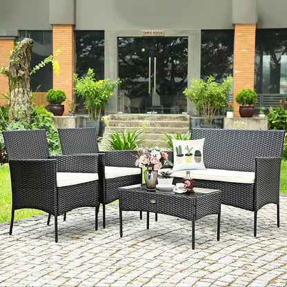 Tangkula 8 Piece Patio Furniture Set, Outdoor Wicker Conversation Set with Tempered Glass Coffee Table, Rattan Loveseat & Chairs Set with Seat Cushions for Backyard, Garden, Poolside (2, Beige)