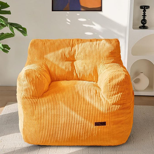 MAXYOYO Bean Bag Chair, Tufted Bean Bag Couch Lazy Chair, Living Room Sofa Couch with Filler for Adult Teens Kids, Corded Fabric Accent Sofa for Bedroom Dorm, Orange
