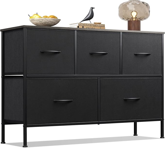 WLIVE Dresser for Bedroom with 5 Drawers, Long Fabric Dresser, Chest of Drawers, Storage Drawer Unit with Fabric Bins for Closet, Living Room, Hallway, Charcoal Black, Size L