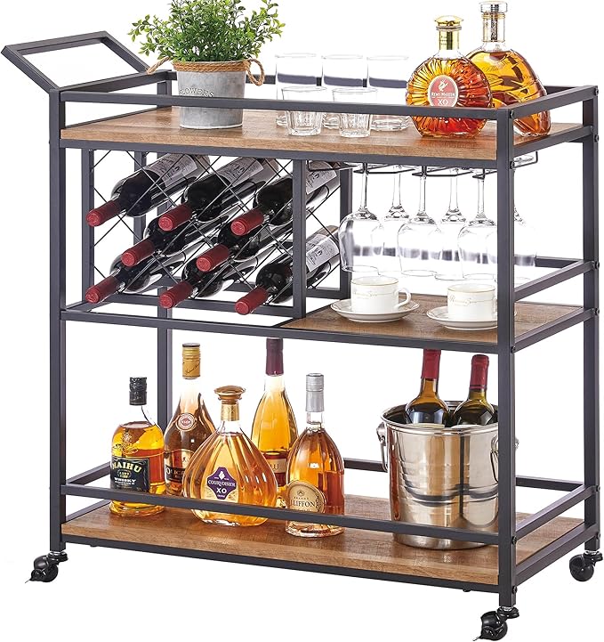 FATORRI Bar Cart for The Home, Rolling Wine Carts on Wheels with 3 Tier Wood Shelves, Liquor Beverage Cart with Wine Rack and Glass Holder (Rustic Oak)