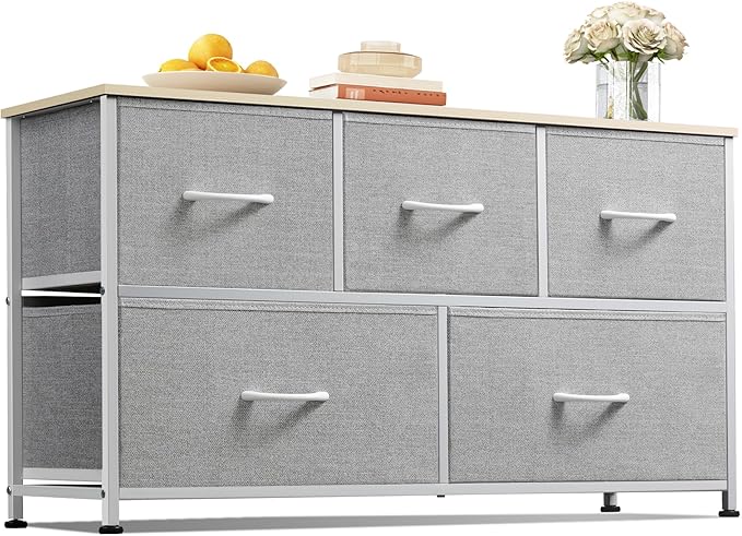 WLIVE Dresser for Bedroom with 5 Drawers, Wide Chest of Drawers, Fabric Dresser, Storage Organization Unit with Fabric Bins for Closet, Living Room, Hallway, Light Grey