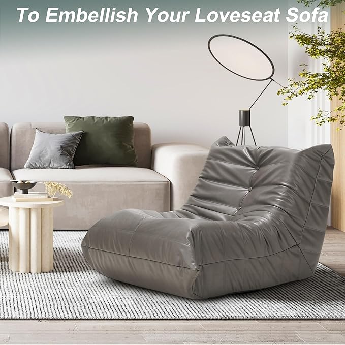 Hobestluk Giant Bean Bag Chair Lazy Floor Sofa, Memory Foam Fireside Sofa for Adults, Big Beanbag Faux Leather Armless Chair for Living Room Bedroom Dorm Office (Grey, Single)