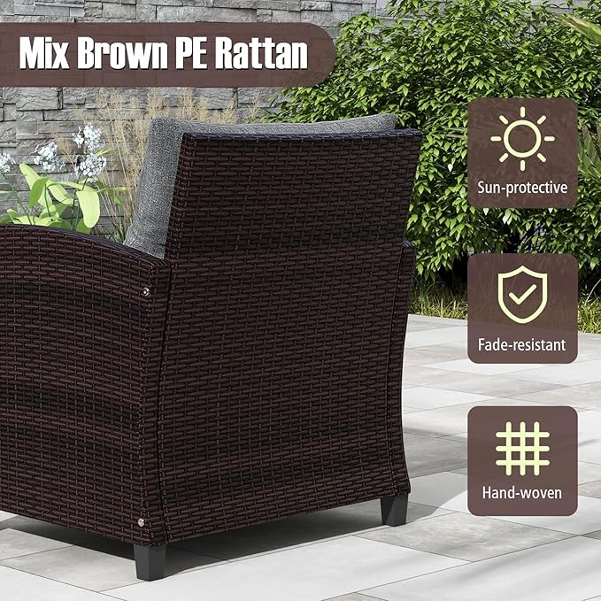 RELAX4LIFE 3-Piece Patio Furniture Set - Wicker Bistro Conversation Set w/2 Cushioned Armchairs & Glass Topped Table, Outdoor Rattan Sofa for Porch Balcony Poolside (Grey)