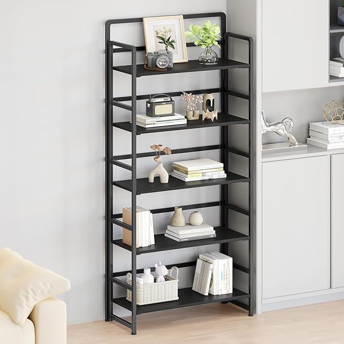 No Assembly Folding Bookshelf, 5 Tiers Collapsible Book Shelf for Home Office, Vintage Wood Foldable Bookcase Storage Organizer for Living Room Bedroom (Black)