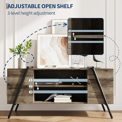 TV Stand for 60 55 50 45 Inch TV, 47" Mid Century Modern Entertainment Center with Adjustable Open Shelves & Metal Legs, Industrial Media Console Table for Living Room, Oak