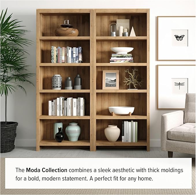 Prepac Moda 5-Tier Tall Wooden Bookcase, Oak Storage Cabinet, Display Cabinet, Bookshelf with Storage Shelves 31.75" W x 80" H x 12" D for Home Office, Living Room, Bedroom Organizer
