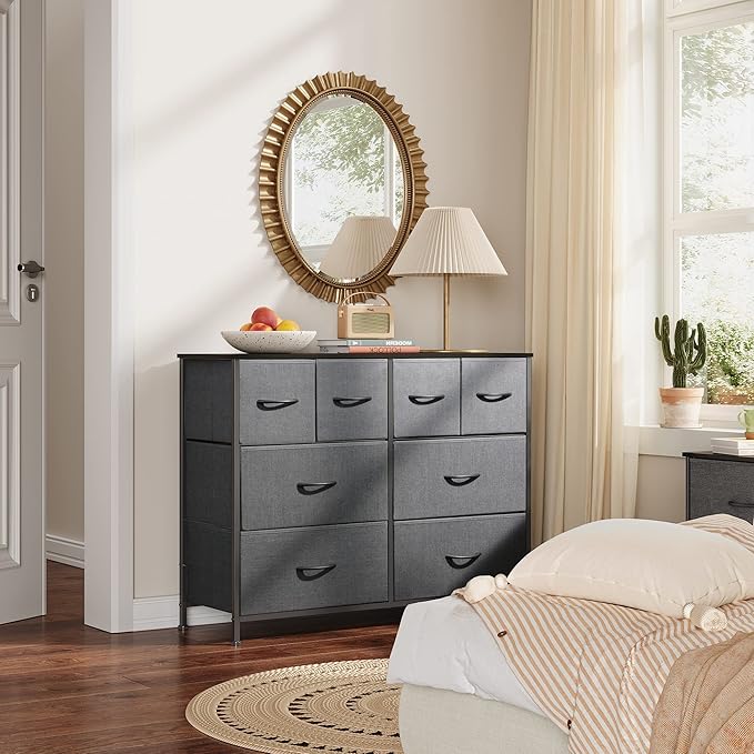 WLIVE Dresser for Bedroom with 8 Drawers, Wide Fabric Dresser for Storage and Organization, Chest of Drawers, Dressers for Living Room, Closet, Hallway, Dark Grey
