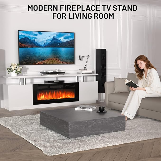 70'' Fireplace TV Stand, Entertainment Center with 36'' Firplace, 2 Tier TV Console Cabinet with Storage Cabinet, Electric Fireplace Heater with LED Light and 12 Flame Colors, White