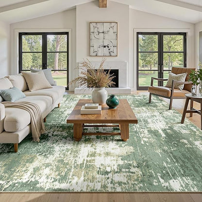 Washable Area Rugs 9'x12' Non-Slip Modern Abstract Soft for Living Room Entryway Bedroom Nursery, Print Pattern, Light Green/Yellow