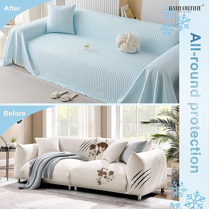 HANDONTIME Cooling Dog Couch Cover Ice Silk Washable & Breathable Pet Sofa Protector Durable Couch Covers for Sofa Pet Friendly Soft Dog Cooling Bed Cover Sofa Protector Covers (Baby Blue, 71"x134")