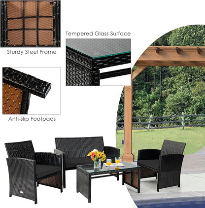 Tangkula 4 Pieces Rattan Furniture Set, Outdoor Conversation Set w/Chair & Loveseat & Tempered Glass Coffee Table, Suitable for Garden, Backyard, Poolside, Patio Furniture Set for 4 (1, Black)