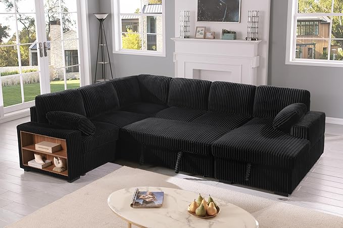 Eafurn Oversized U Shaped Convertible Sleeper Sectional Sofa w/Pull Out Couch Bed, 6 Seater Corduroy Upholstered Corner Lounge Sofa Couch Sleeper Sofabed w/Storage Chaise,Shelves