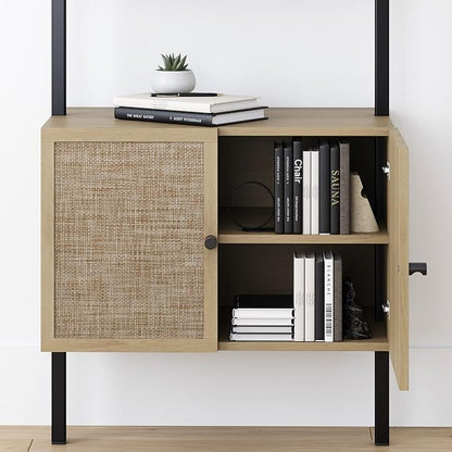 Nathan James Theo Industrial Open Shelf Bookcase with Accent Rattan Drawers Light Oak Wood, Matte Black Frame, Set of 4