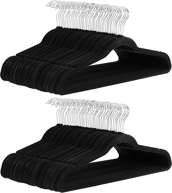 Amazon Basics Slim Velvet Non-Slip Space Saving Suit Clothes Hangers, Closet Organizer, Black/Silver, 100-Pack