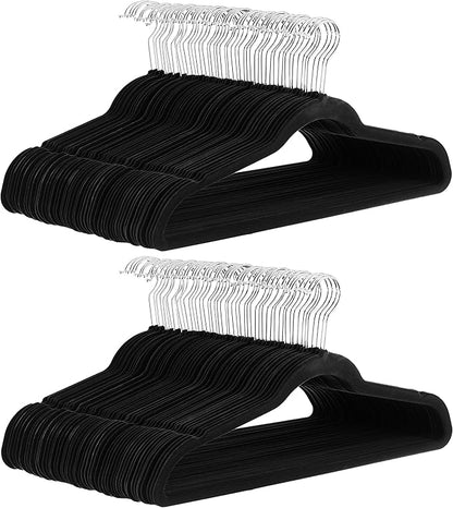 Amazon Basics Slim Velvet Non-Slip Space Saving Suit Clothes Hangers, Closet Organizer, Black/Silver, 100-Pack