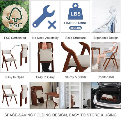 Ball & Cast Upholstered Folding Chairs Set of 2 with Ergonomically Designed Back and Solid Wood Frame, for Dining Room and Office,Indoor and Outdoor Events,Space Saving,Cream White+Cherry
