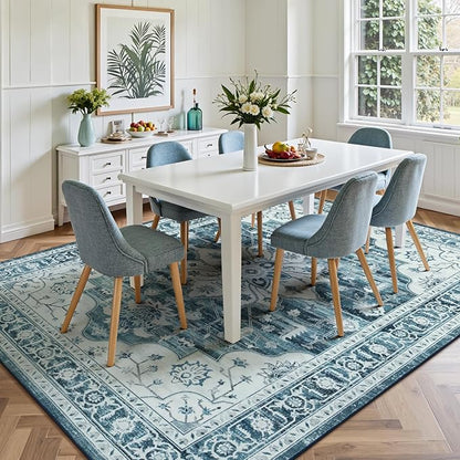 Lofus 5x7 Washable Area Rug, Vintage Floral Rugs for Living Room, Bedroom, Dinning Room, Low Pile Large Area Rugs with Non-Slip Backing, Sunflower Print Pattern, Neutral Blue