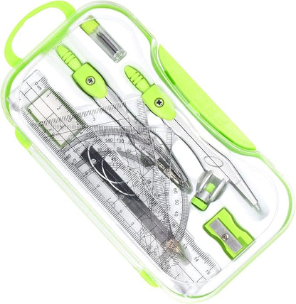 10 Pieces Math Geometry Kit Set Student Supplies with Shatterproof Storage Box,Includes Rulers,Protractor,Compass,Eraser,Pencil Sharpener,Lead Refills,Pencil,for School and Drawings（Green）