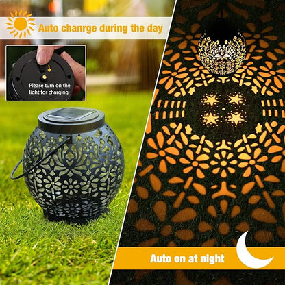 ODEETRONIC 2 Pack Warm White Outdoor Hanging Solar Garden Lanterns with Star Projection, Retro Hollowed-Out LED Lights, Waterproof for Yard Patio Lawn Porch Pathway Garden