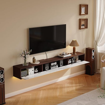 Floating TV Stand High Gloss,47'' Wall-Mounted TV Cabinet,Floating TV Console,Under TV Shelf with 3 Doors for Living Room Bedroom(Walnut+White)