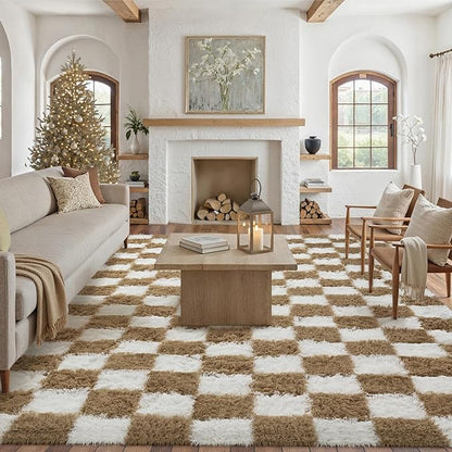 Checkered Rug 8x10 for Living Room, Brown and White Modern Shag Rugs Super Soft Washable Indoor Office Fuzzy Carpet Non-Slip Fluffy Rugs for Bedroom Home Aesthetic Decor