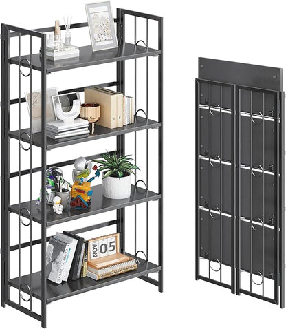 4NM No Assembly 4 Tiers Folding Bookshelf, 47.2" H Foldable Storage Shelves Vintage Bookcase Standing Racks Study Organizer Home Office - All Black