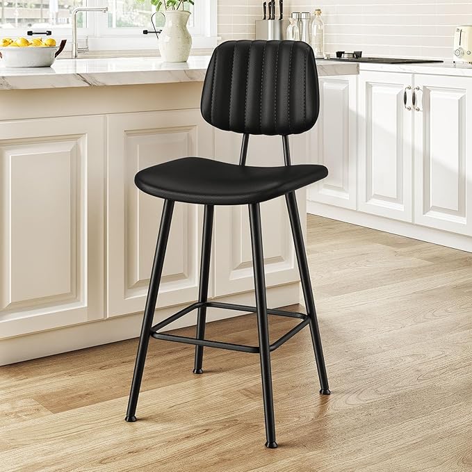 24-Inch Leather Bar Stools, Counter Height Barstools with High Backrest，Bar Chairs for Kitchen Island with Heavy Duty Metal Legs, Black