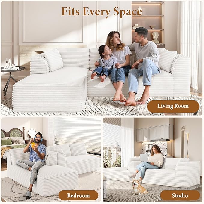 Vesgantti 106" Boneless Couch with Chaise, Deep Seat Comfy Cloud Modular Sofa Corduroy Memory Foam Sectional Couches for Living Room Bedroom, No Assembly Required (Beige, Left-Facing Chaise)