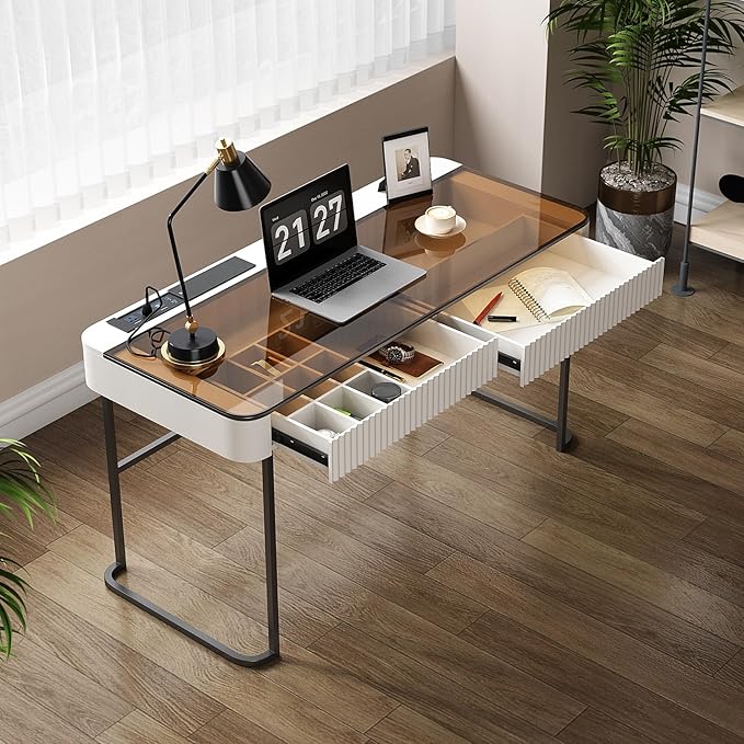 Lartis Office Desk with Drawer - Writing Desk with Intelligent Socket Computer Desk with USB Port Compartmentalized Storage for Home Office Working Gaming