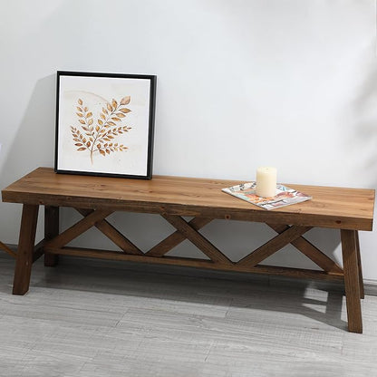 Wnutrees 54" Farmhouse Wood Bench, Rustic Solid Wood Entryway Bench Seat with Double X-Structure for Dining Room, Living Room, Hallway, Structural Stability, Natural