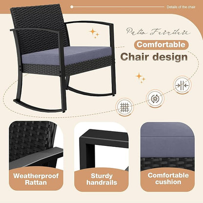 Greesum 3 Pieces Outdoor Furniture Set Patio Bistro Rocking Chairs with Glass Coffee Table for Pool Beach Backyard Balcony Porch Deck Garden, Gray