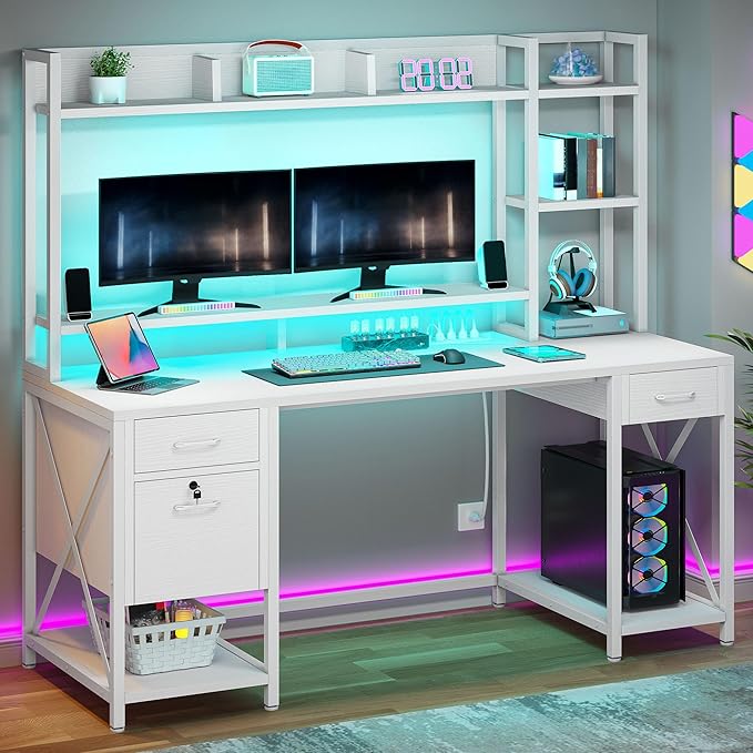 DWVO Computer Desk with Drawers & Hutch, 59.1" Office Desk with Power Outlets & LED Lights, Home Office Desk with Storage Shelves, White