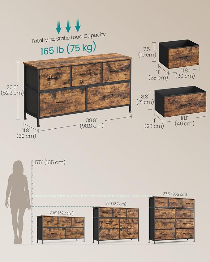 SONGMICS Dresser for Bedroom, Chest of Drawers, TV Stand, Steel, MDF, 5 Non-Woven Fabric Drawers, Storage Organizer Unit, Closet, Entryway, Rustic Brown and Ink Black ULGS322B02S