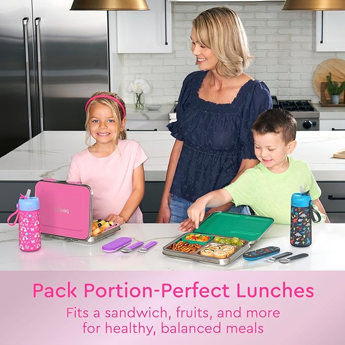 Bentgo Kids Stainless Steel Leak-Resistant Lunch Box - 3-Compartments with Bonus Silicone Container, Durable, Eco-Friendly, Dishwasher Safe, BPA-Free, Ideal for School, Ages 3+ (Fuchsia)