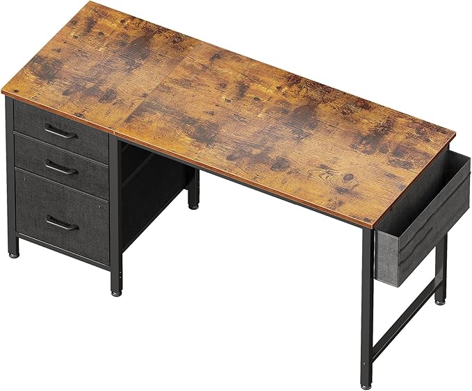 Casaottima 48" Small Computer Home Office Desk for Bedroom with Fabric Drawers & File Cabinet, Cloth Storage Bag and Hook, Writing Study Work Table for Small Space, Vintage