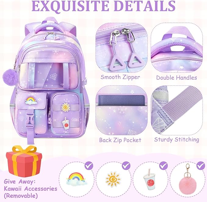 School Backpack for Girls - 5pcs Cute Girls Backpack with Lunch Box for Teens Kids Elementary Middle School - 17″ Students Bookbag Travel Back Pack for Age 6-18