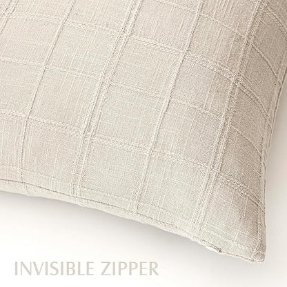 Foindtower Set of 2 Decorative Linen Check Throw Pillow Covers Neutral Farmhouse Vintage Cushion Covers Modern Boho Home Decor For Sofa Chair Couch Bedroom Living Room Outdoor,24×24 Inch,Natural Beige