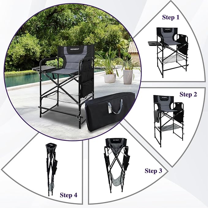 Tall Folding Directors Chair with Side Table 30.71" Seat Height Foldable Camping Chair Bar Stool for Makeup Artist Face Painting with Footrest and Storage Pocket Supports 350LBS