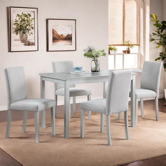 Dining Table Set for 4, 5-Piece Dining Room Table Set with Rectangular Crystal Decoration Table & 4 Upholstered Backrest Chairs, Counter Height Kitchen Sets with MDF Tabletop, Silver Gray